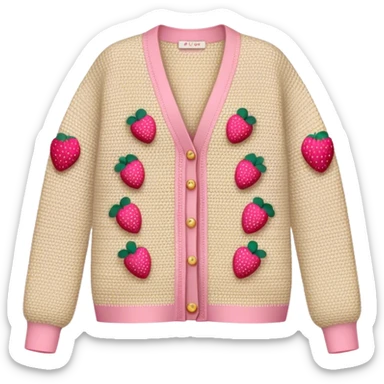 beige crocheted cardigan embroidered with small pink strawberries sticker