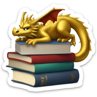 A gold dragon with a Santa hat on his head  asleep on a stack of books sticker