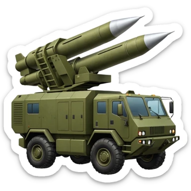 HIMARS military vehicle emoji, very realistic, three-quarter view, six rocket tubes, cabin, military style sticker
