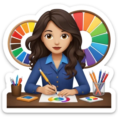 female dark wavy long hair graphic designer , holding color wheel , pens, papers, desktop sticker