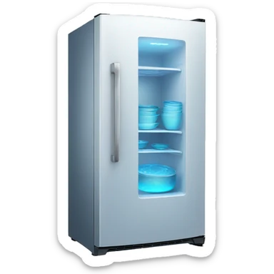 fridge with blue hologram dishes sticker