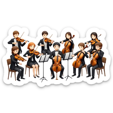 Icon for Classical Music: chamber orchestra with 4-5 musicians playing string instruments (violins, violas, cellos) and a conductor leading the ensemble. The intimate, refined atmosphere. Transparent background. sticker