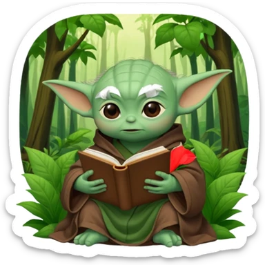 Baby Yoda con su tunica chocolate leyendo en un bosque sticker