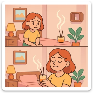a girl in a bedroom, looking sad, then smelling a scent like from a candle or diffuser, her mood changing to relaxed, pastel toon style sticker