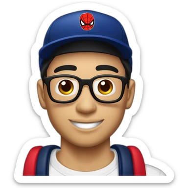 chico de piel blanca, con una remera de spiderman, un tatuaje en el cuello que diga amor en chino, que tenga una gorra negra con un logo de la redbull, y con un arito en la ceja sticker