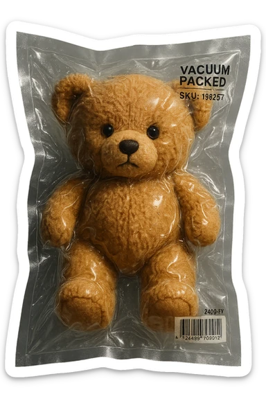 vacuum-sealed teddy bear, compressed in a clear bag sticker