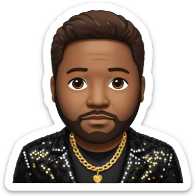 Gerald Levert with dark brown hair, black sequin jacket, black shirt with necklace sticker