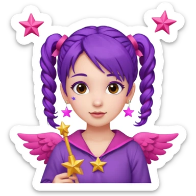 Create an emoji of a fairy-like woman with purple hair tied into two pigtails, red stars in her hair, wearing a pink outfit and pink wings. She is holding a pink star-shaped wand and wearing purple circular earrings. sticker