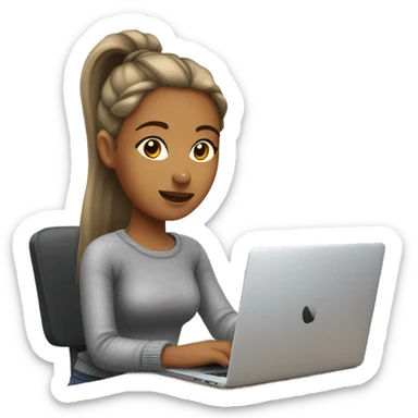 Woman with ponytail and gray sweater sitting at table with Apple laptop sticker