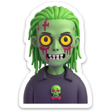 zombie boy with green skin, dreadlocks hair, black shirt, emoji style sticker