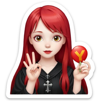 a gothic girl with long red hair and bangs holding a lucky sign sticker