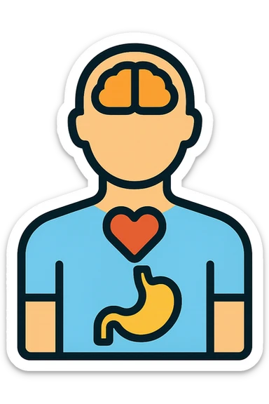 human silhouette with highlighted organs heart stomach head, clear outlines, strong shadows and highlights, psychosomatics and psychology theme, fun and not too complex sticker