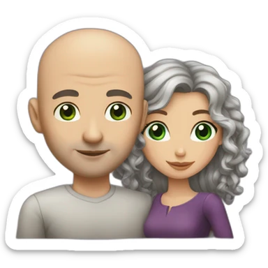 caucasian bald man with green eyes and a caucasian woman with long curly dark hair and brown eyes kissing sticker