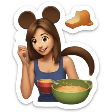 Woman medium brown half tail hair,eating A pot of spread,  with mickey mouse ears, near to a cat sticker
