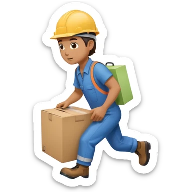Animación educativa sobre un accidente laboral en un entorno industrial. Un trabajador de fábrica, con casco pero sin otros elementos de protección personal, resbala en un piso mojado y cae al suelo mientras transporta una caja. sticker