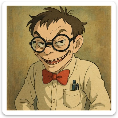 A geeky, sly character with a bowtie, pocket protector, and a wicked smirk, showing both intelligence and a naughty, vicious personality, ghibli style. sticker