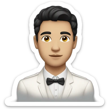 young man with black hair, light white skin colour, formal dress, and a focused face sticker