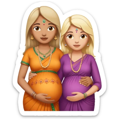 pregnant Indian woman with bindi, peaceful look, holding hands with a blonde white partner sticker