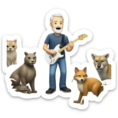 60 year old white man with a goatee playing electric guitar in a forest with animals watching sticker
