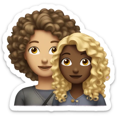 two friends: a curly-haired woman with dark hair and a blonde sticker