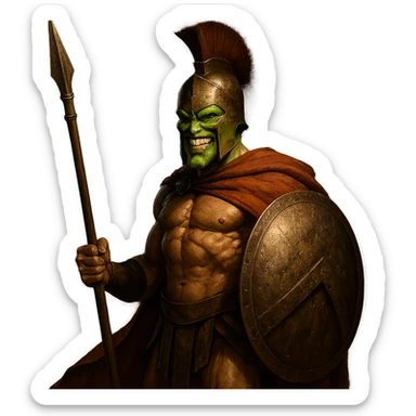 the Mask character holding a spear and shield, dressed as a Spartan from '300', dramatic lighting sticker
