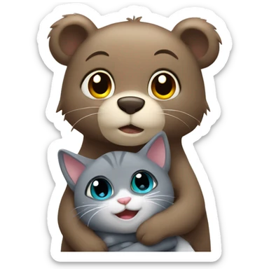 brown bear cub hugs gray cat sticker