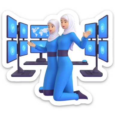 woman with white hijab in blue outfit working with multiple screens displaying digital world, virtual reality interfaces, metaverse elements, code visualization sticker
