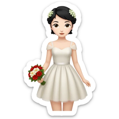 Chica blanca,cuerpo entero, vestido boda corto, pelo negro,   1 ramo de flores , pelo recogido sticker
