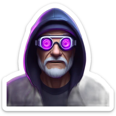 Russian old man wearing a black hoodie with "OMG" letters on it and VR headset in a cyberpunk VR environment with violet neon lighting. sticker
