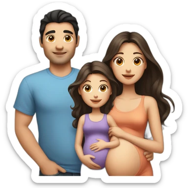 dad with black hair, pregnant mum with long brown hair, baby girl with light brown hair sticker