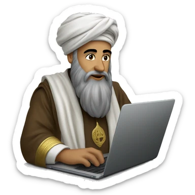 A caliph with turban writing in a laptop sticker