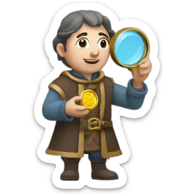 medieval coin collector, looking at a coin with a magnifying lense sticker