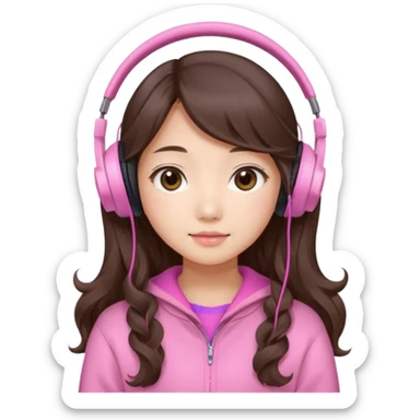 a asian japanese girl with wavy long silky brown hair and no bangs. she has a cute pink gaming headphones. she is wearing a cute pink sweater  sticker
