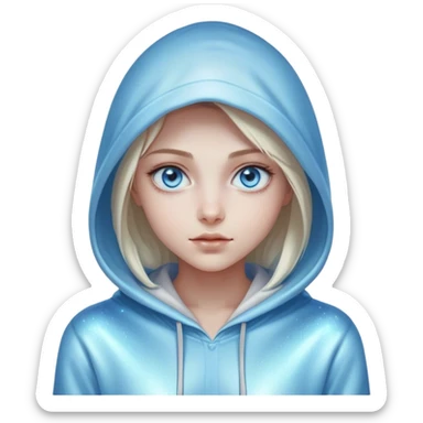 Cinematic girl with large sparkling blue eyes wearing a hoodie, Ultra realistic 32k HD, Breathtaking, hauntingly beautiful, Balanced features, highly detailed, glowing, high shine, enchanting, ghostly, dreamy glow, complex pose. The image is so lifelike it could leap off the canvas at any moment sticker
