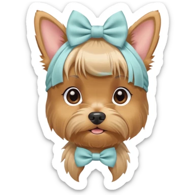a Yorkshire Terrier face with a ponytail on head tied with a soft beige bow. Cute expression, flat design, pastel colors sticker