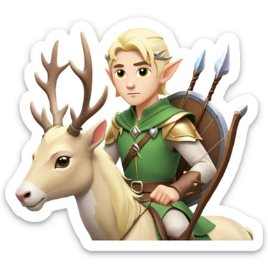 clash-of-clans-aesthetic-blond-male elf-archer-portrait-emoji, rendered in a flat, vector-style with minimal shading and bold, simplified shapes, head tilted slightly forward with a determined, focused expression, riding a majestic white stag whose antlers glow with mystical energy, set against an ancient, enchanted forest backdrop. sticker