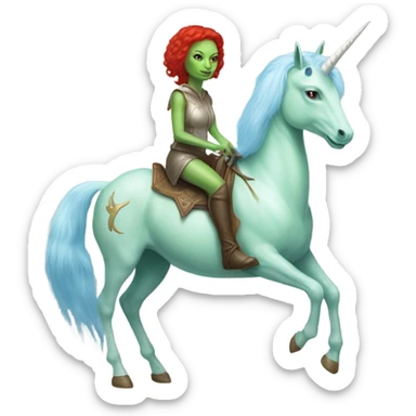 [politically incorrect
	{ woman: alien, color: light green, hair:red, eyes:cat} ]
	on a 
	[{ unicorn: white, legged:four, mane: light blue }] sticker