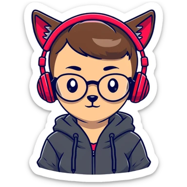 tan brunette girl with a short wolf haircut, round ruby glasses, black headphones, and a black hoodie sticker