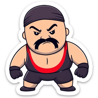 Close-up of extremely fat white skin guy with young face, prominent BLACK DURAG tied clearly on head, distinct black beard and mustache, no muscle, black eyes in a red and black wrestling singlet with angry face sticker