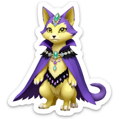 Kawaii cute Violet Yellow Black beautiful pretty elegant divine edgy feline-vernid-sergal-Fakémon-Pokémon-Digimon-fursona-animal-creature, full body, with intricate detailed markings, Embroidered capelet, Gem-studded horn ring sticker