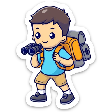 young explorer kid with backpack and binoculars sticker