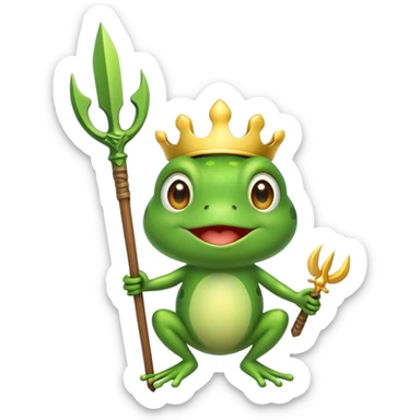 Create a cute frog emoji holding a small Ukrainian trident (tryzub), with a happy expression, in a cartoon style. sticker