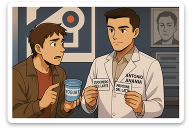 fai un webtoon manga a colori con questo stile, in cui un uomo ASCOLTA Il kinesiologo con il camice bianco (fagli anche la scritta "ANTONIO ANANIA" SUL CAMICE, IL KINESIOLOGO SPIEGA ALL'UOMO UNA COSA TENENDO DUE FOGLIETTINI IN MANO, UNO CON LA SCRITTA "ZUCCHERO DEL LATTE" E UNA CON LA SCRITTA "PROTEINE DEL LATTE". L'UOMO OSSERVA LO YOGURT CHE HA IN MANO CON ESPRESSIONE DUBBIOSA IN VOLTO. non fare i fumetti però, fai solo in modo che sembri stiano parlando sticker