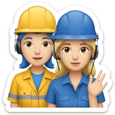 Um homem e uma mulher amarelos com capacete azul escuro e camisa social cinza. Um deles deve estar segurando um megafone  sticker