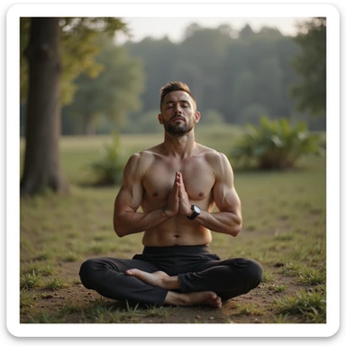 vertical photograph of a man practicing fasting to regenerate the body, serene atmosphere, man meditating in natural environment, soft light, realistic style sticker