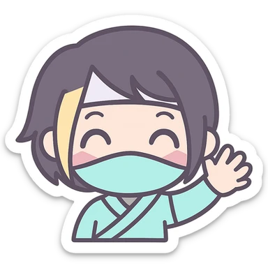 Make the art style more anime: kawaii chibi ninja girl with black short hair and a blonde streak, only head and arms, big sparkling anime eyes, rounder face, small mouth, soft shading, pastel colors, clean outlines, transparent background, no mask, hand fully raised, waving, eyes closed in a happy expression, sized for Twitch emoji use. sticker