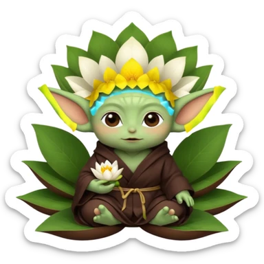 Baby Yoda con su tunica chocolate oscuro sentado dentro de una flor de loto sticker