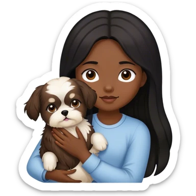 A girl with black long hair and dark brown with , holding her shitzu dog creamy color sticker