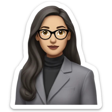 Tv show young full bodied Diana Prince wearing grey suit with silk voile purple turtleneck and black eyeglasses, long flowing hair  sticker