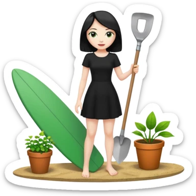 Princess who wearing black dress (woman) black hair holding her phone and a gardening shovel with another hand. She is standing on her feet, there is one green surfing board. sticker